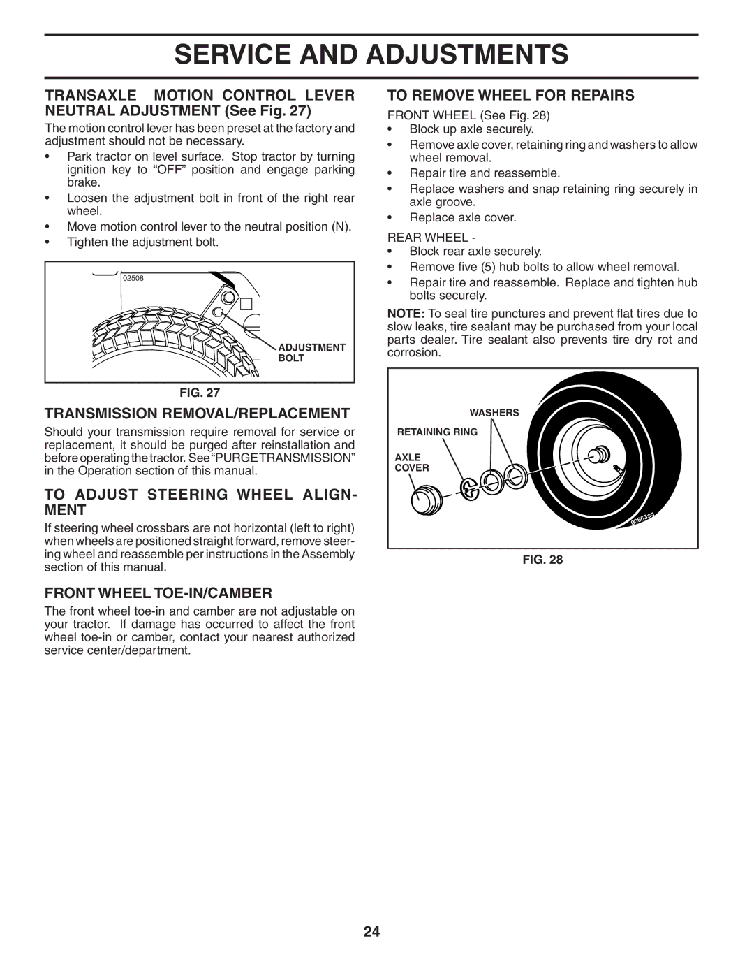 Husqvarna GTH2548 owner manual Transaxle Motion Control Lever Neutral Adjustment See Fig, Transmission REMOVAL/REPLACEMENT 