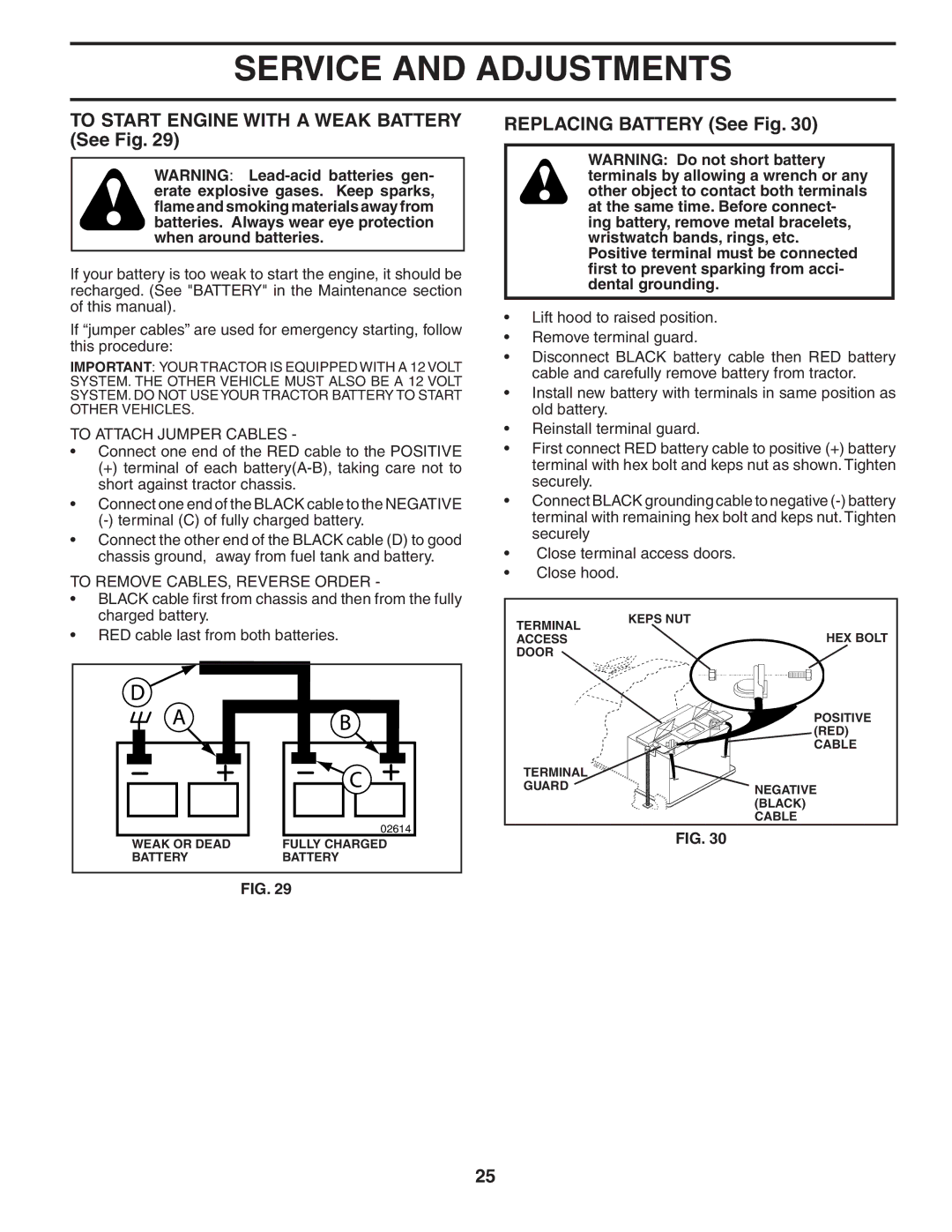 Husqvarna GTH2548 To Start Engine with a Weak Battery See Fig, Replacing Battery See Fig, To Attach Jumper Cables 