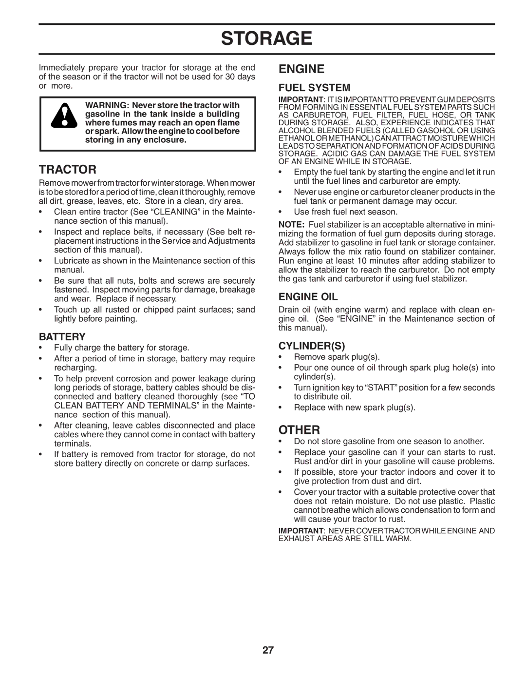 Husqvarna GTH2548 owner manual Storage, Other, Fuel System, Engine OIL, Cylinders 