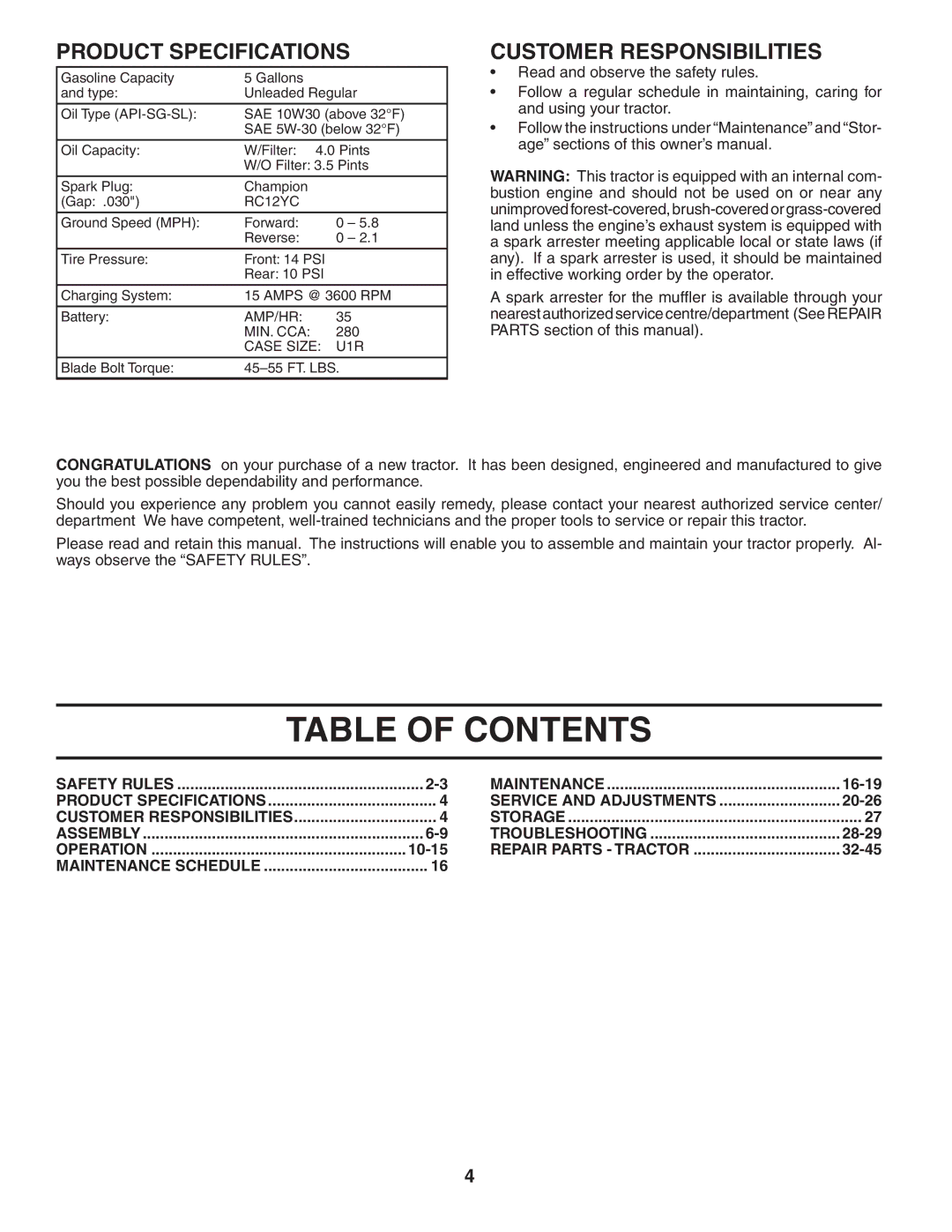 Husqvarna GTH2548 owner manual Table of Contents 