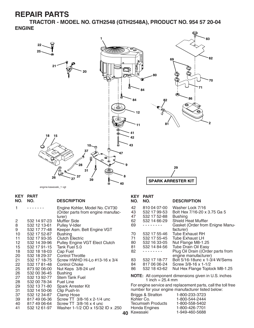 Husqvarna GTH2548 owner manual Engine, Spark Arrester KIT KEY Part Description 