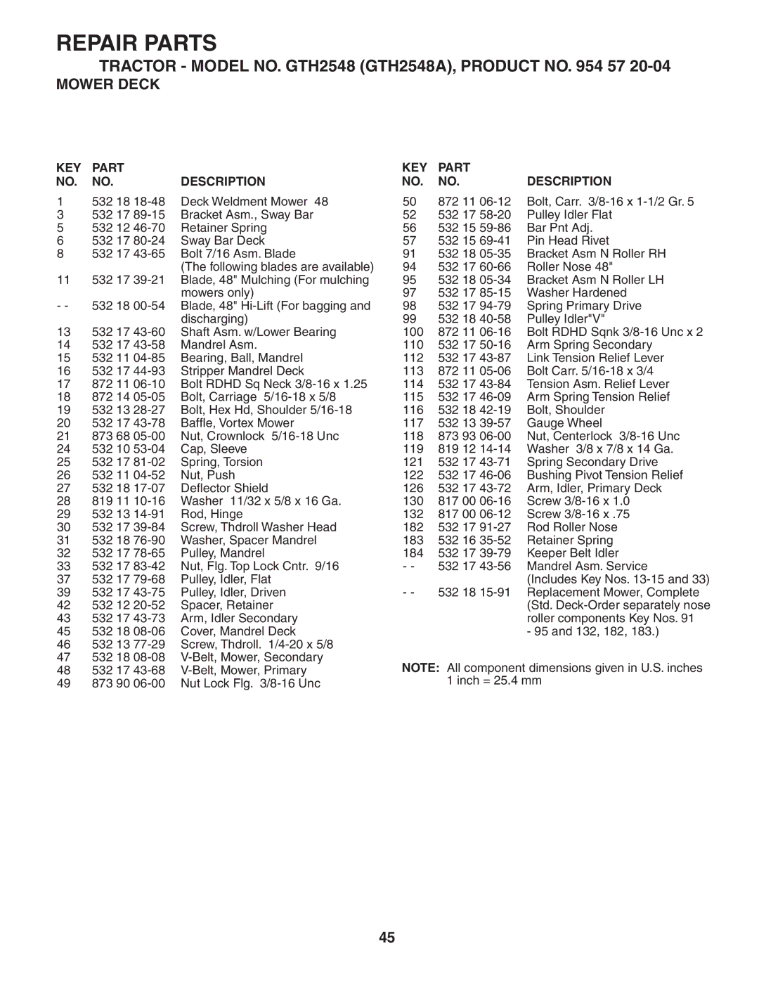 Husqvarna GTH2548 owner manual Mower Deck 