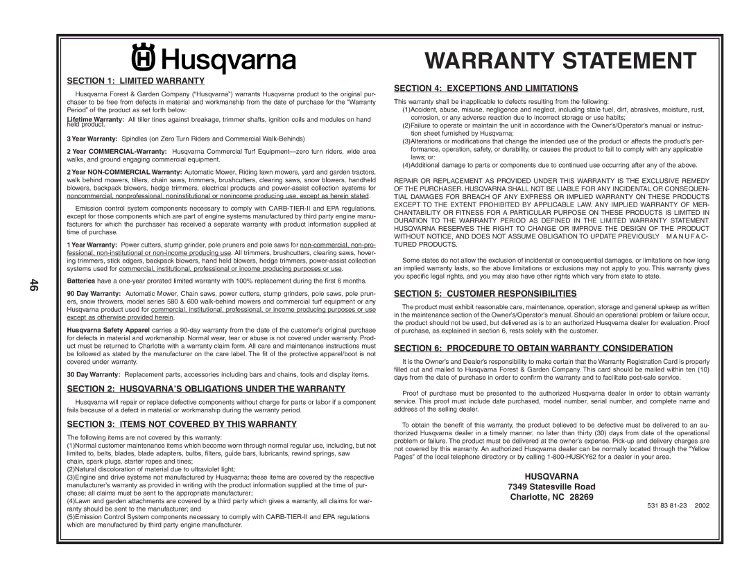 Husqvarna GTH2548 owner manual Warranty Statement 