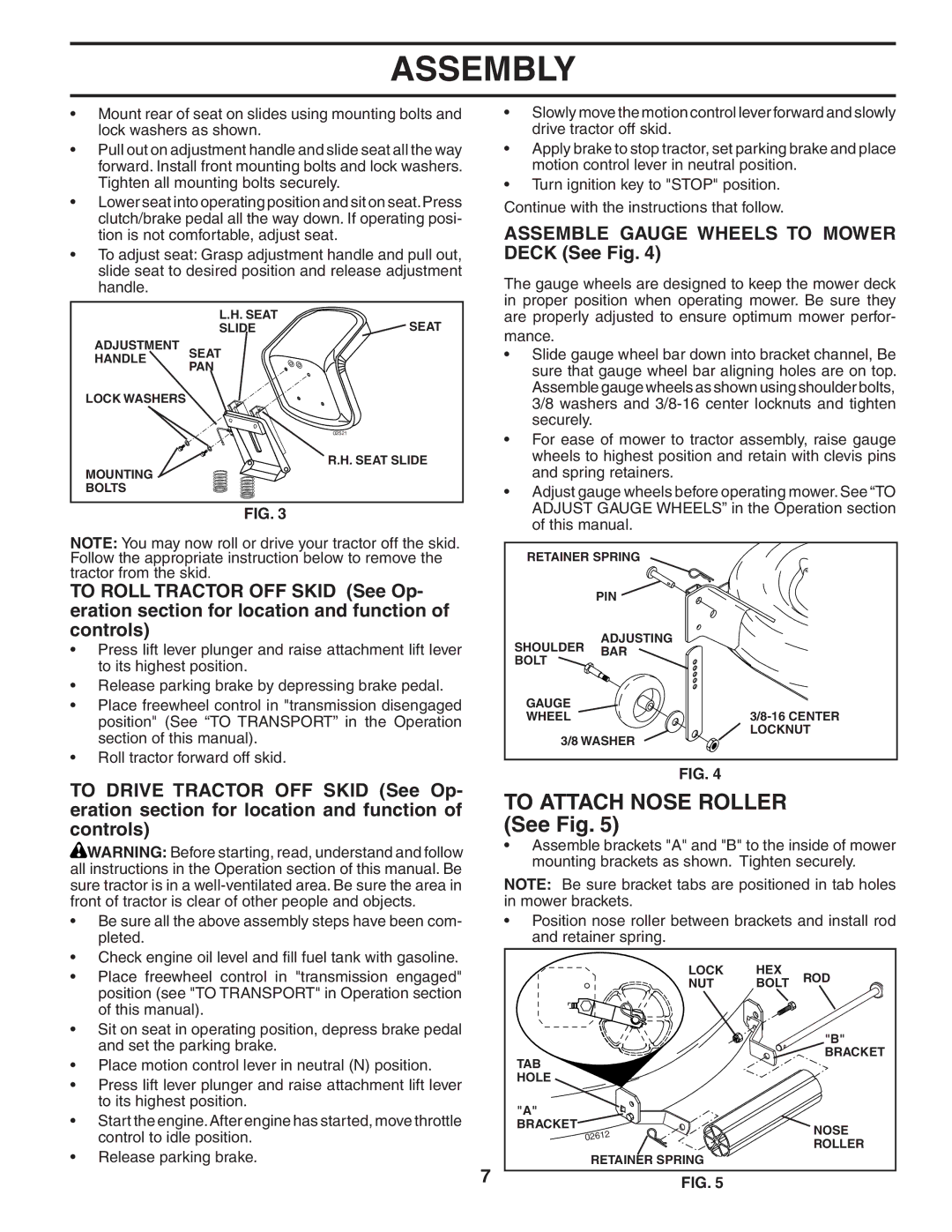 Husqvarna GTH2548 owner manual To Attach Nose Roller See Fig, Assemble Gauge Wheels to Mower Deck See Fig 