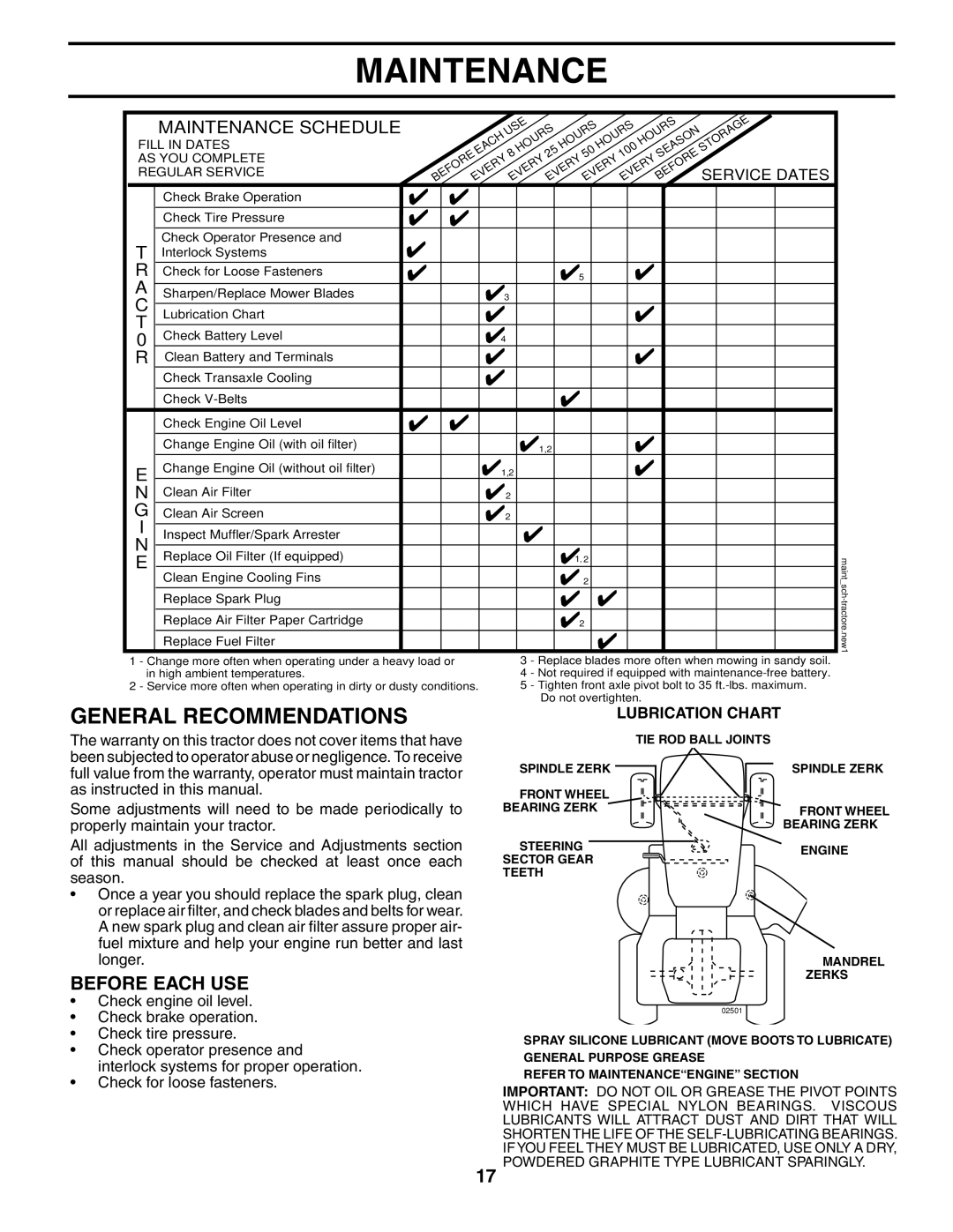 Husqvarna GTH2548XP owner manual Maintenance, General Recommendations, Before Each USE 