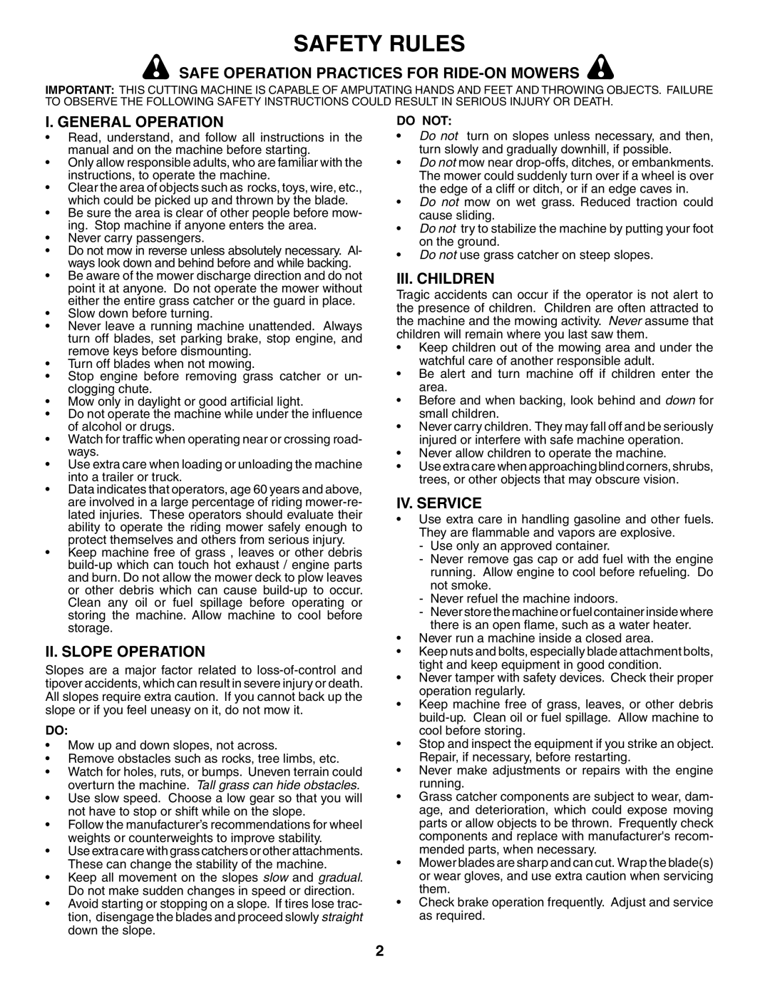 Husqvarna GTH2548XP Safe Operation Practices for RIDE-ON Mowers, General Operation, II. Slope Operation, III. Children 