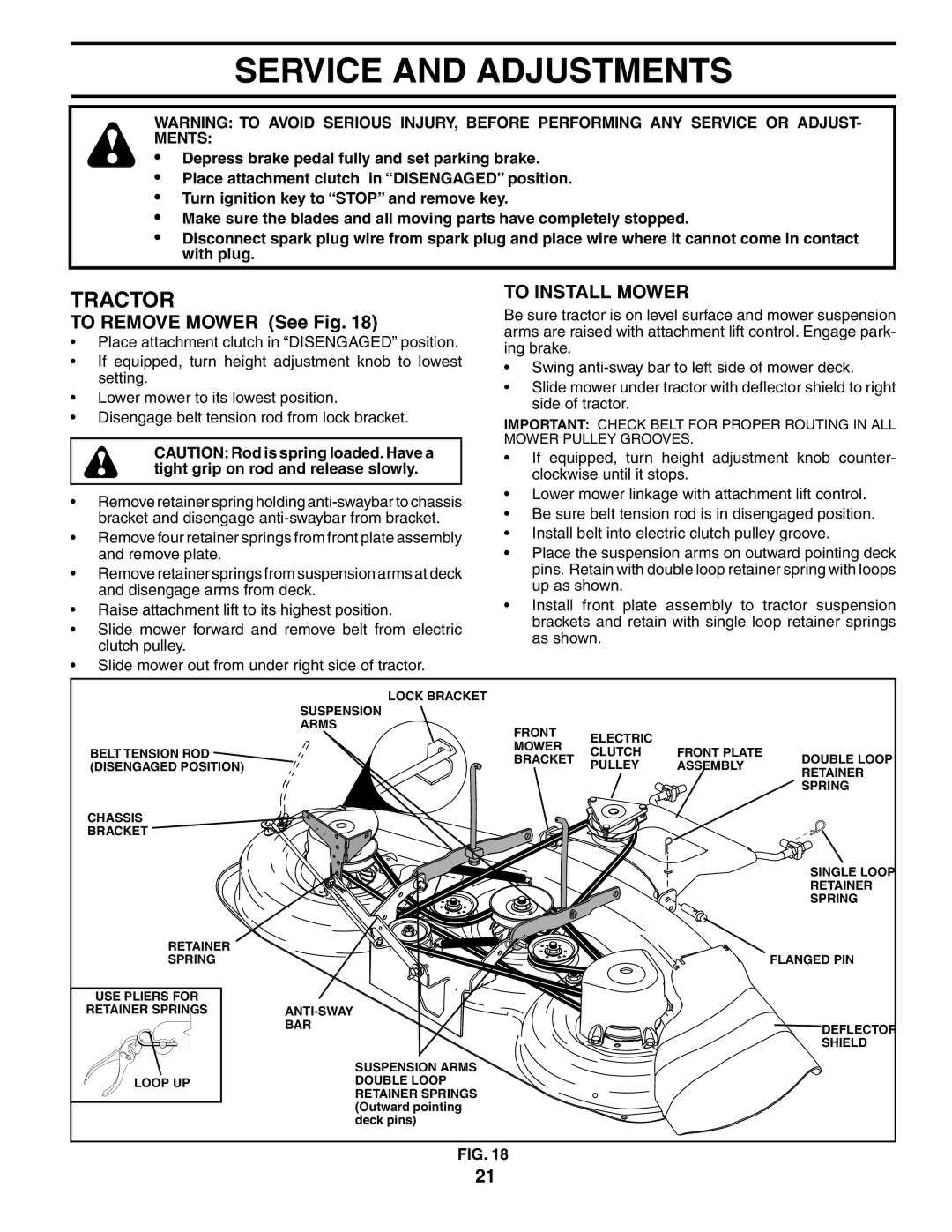 Husqvarna GTH2548XP owner manual Service and Adjustments, To Remove Mower See Fig, To Install Mower 