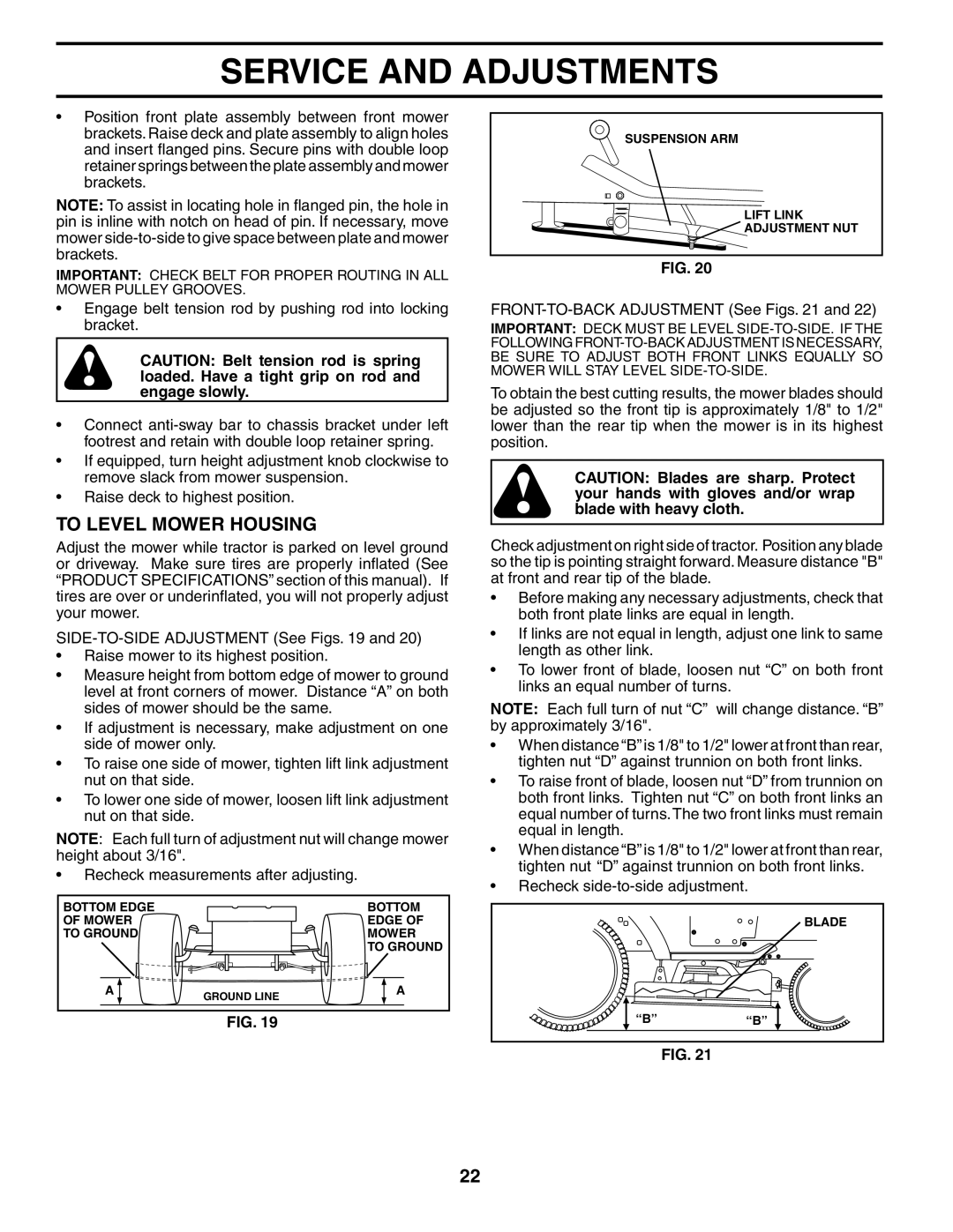 Husqvarna GTH2548XP owner manual To Level Mower Housing, FRONT-TO-BACK Adjustment See Figs 