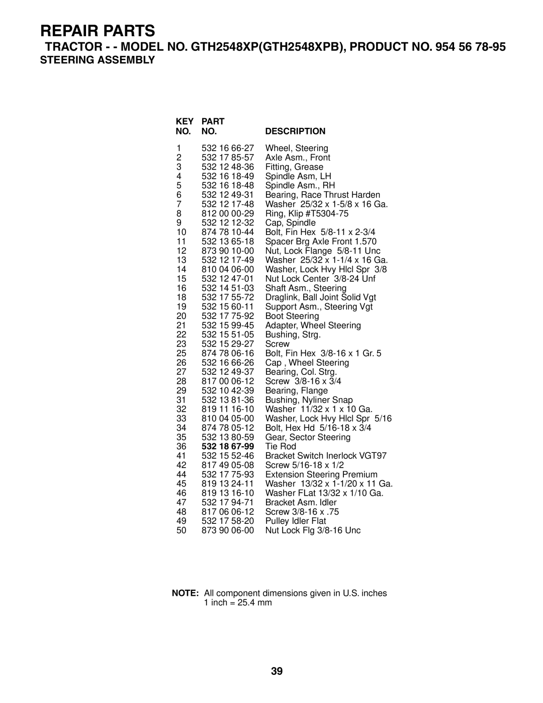 Husqvarna GTH2548XP owner manual 36 532 18 67-99 Tie Rod 