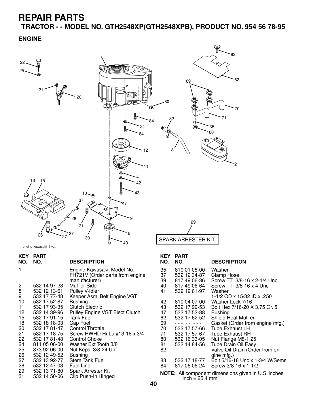 Husqvarna GTH2548XP owner manual Engine, Spark Arrester KIT KEY Part Description 