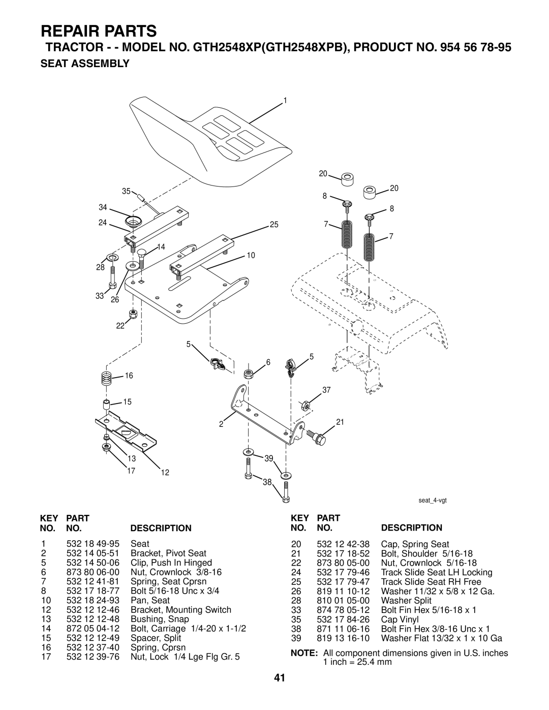 Husqvarna GTH2548XP owner manual Seat Assembly 