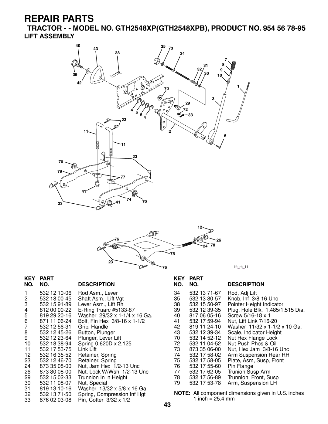 Husqvarna GTH2548XP owner manual Lift Assembly 