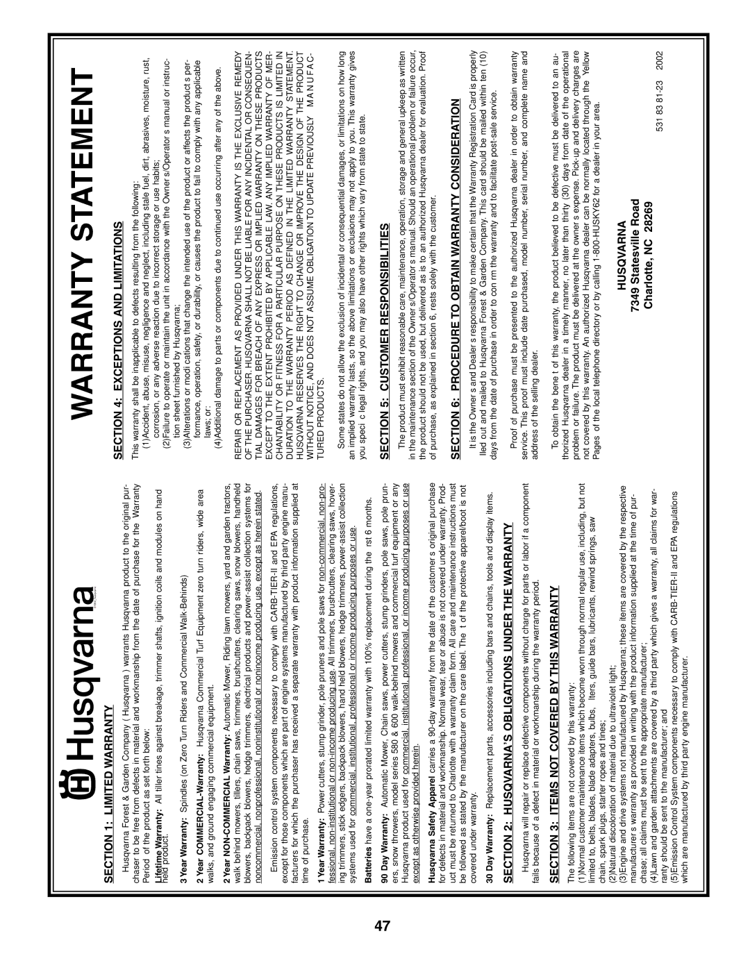 Husqvarna GTH2548XP owner manual Warranty Statement 