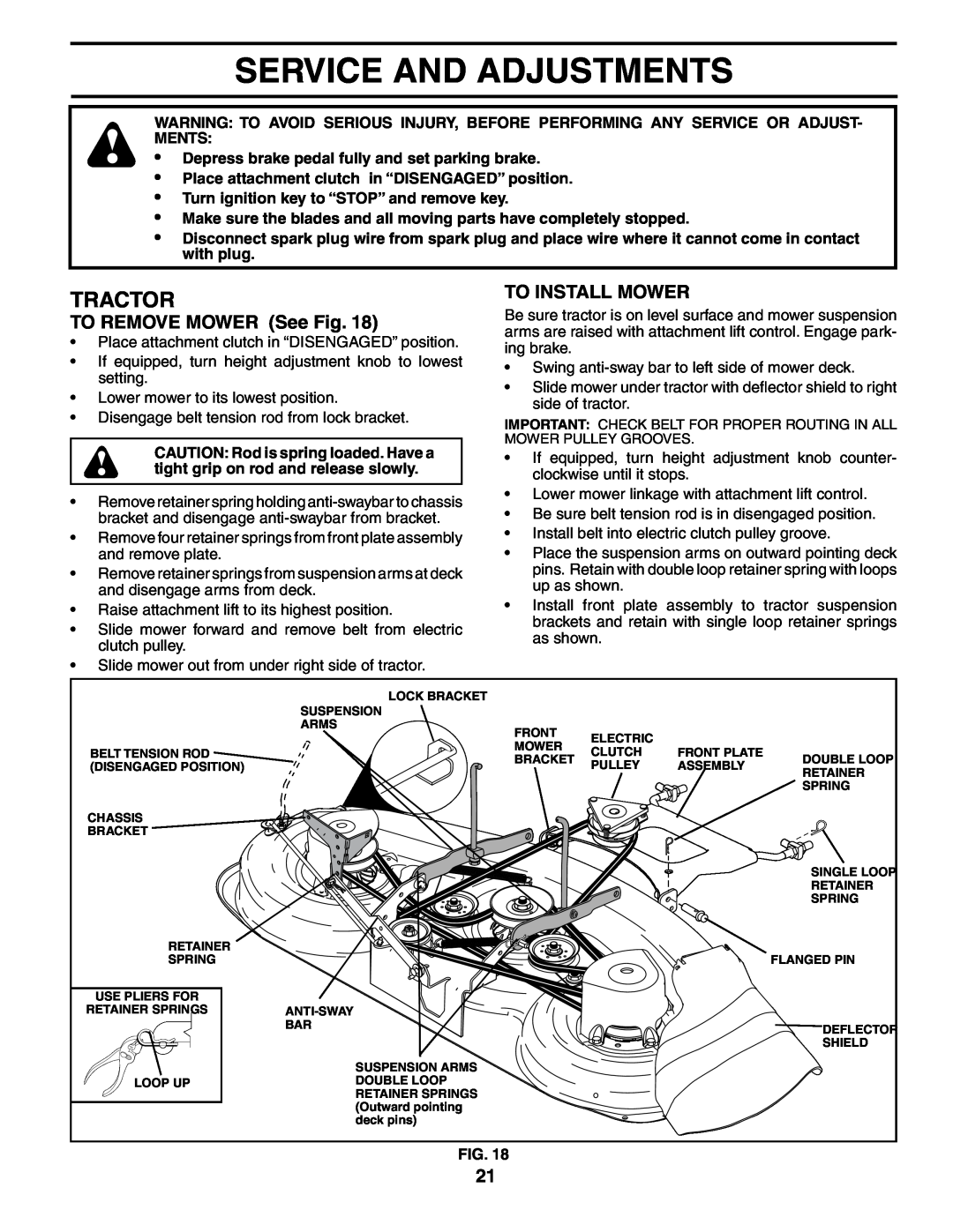 Husqvarna GTH2548XP owner manual Service And Adjustments, TO REMOVE MOWER See Fig, To Install Mower, Tractor 
