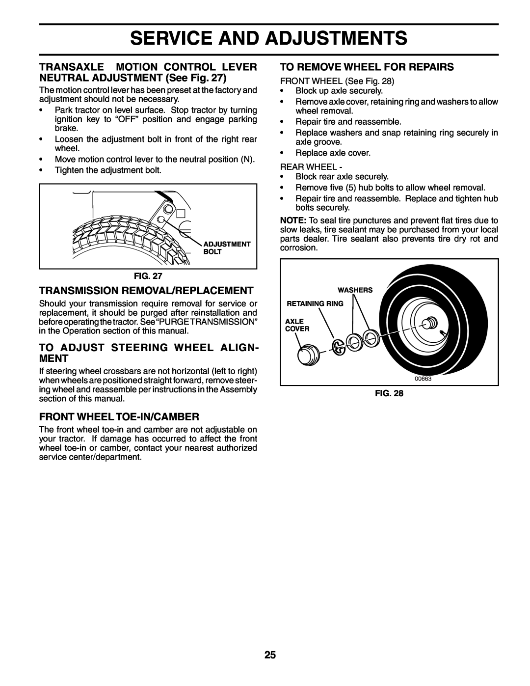 Husqvarna GTH2548XP Transmission Removal/Replacement, To Adjust Steering Wheel Align- Ment, Front Wheel Toe-In/Camber 