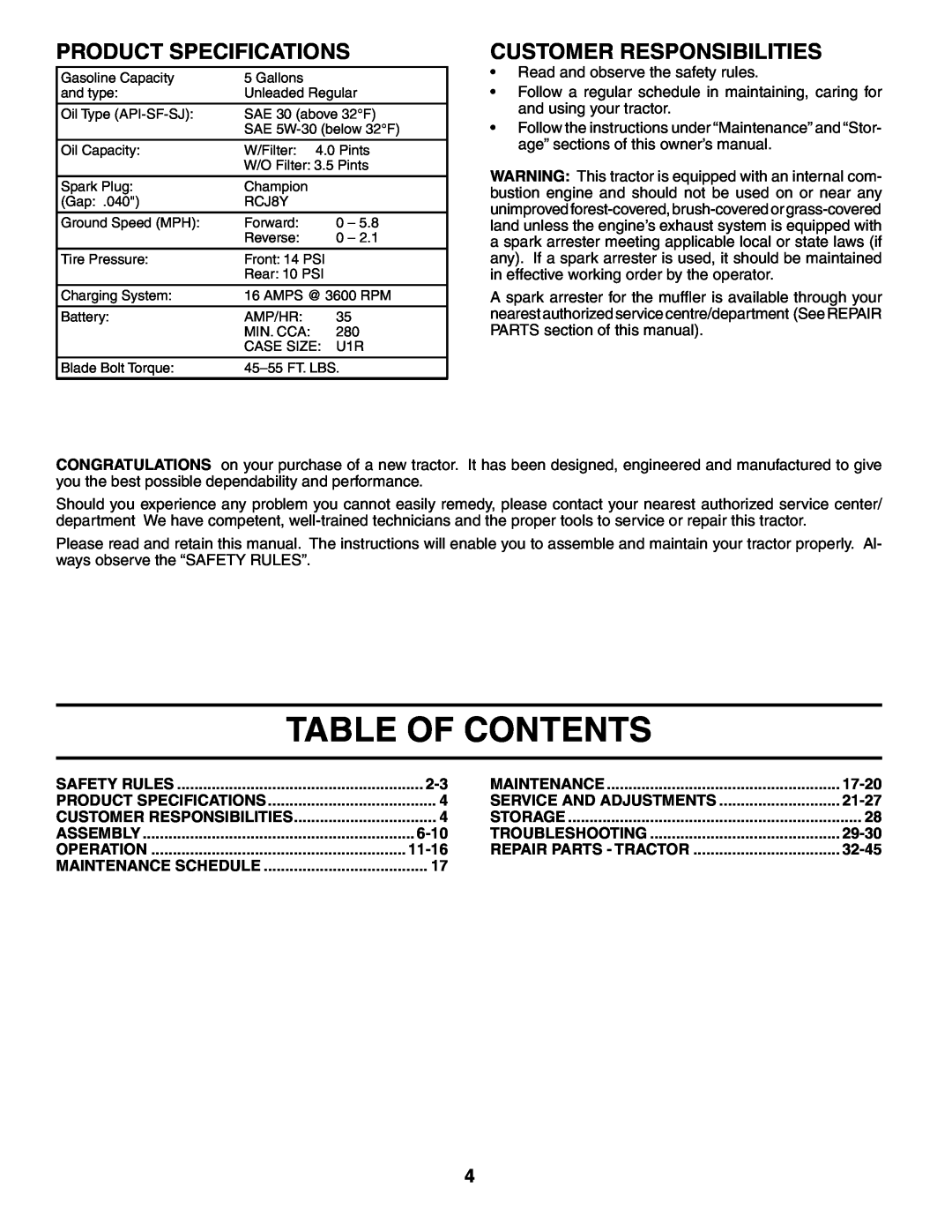 Husqvarna GTH2548XP owner manual Table Of Contents, Product Specifications, Customer Responsibilities 