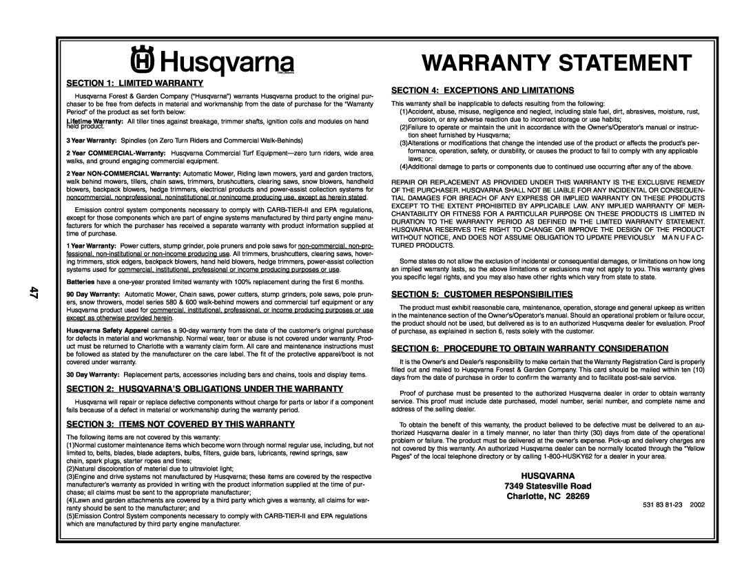 Husqvarna GTH2548XP Warranty Statement, Limited Warranty, Items Not Covered By This Warranty, Exceptions And Limitations 