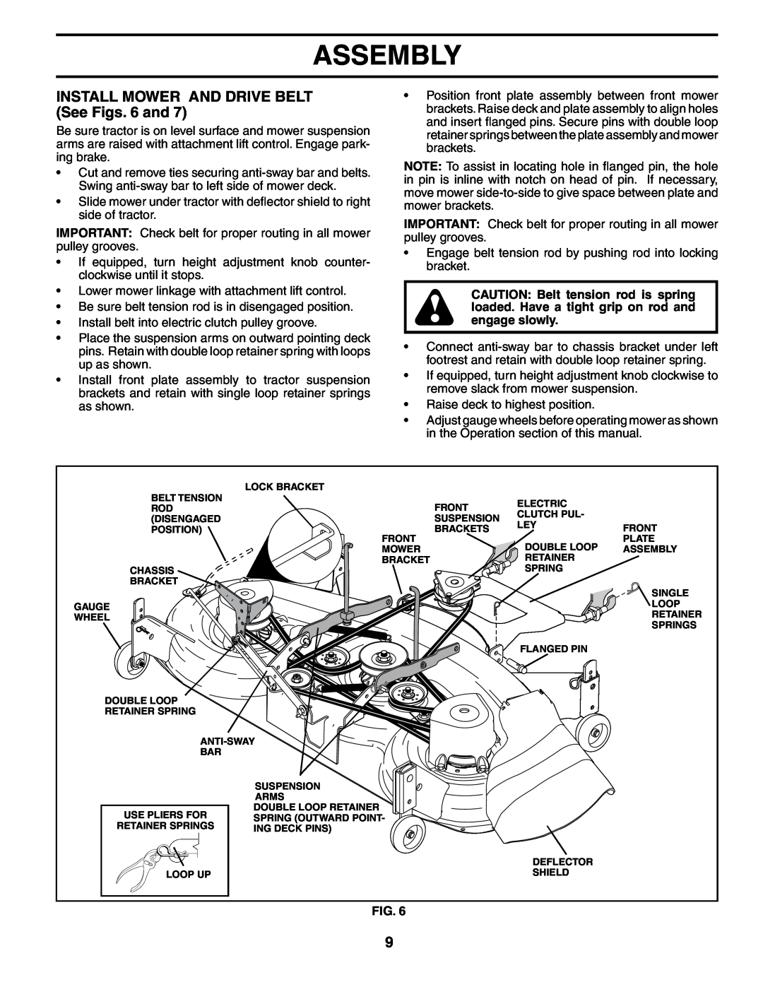 Husqvarna GTH2548XP owner manual INSTALL MOWER AND DRIVE BELT See Figs. 6 and, Assembly 