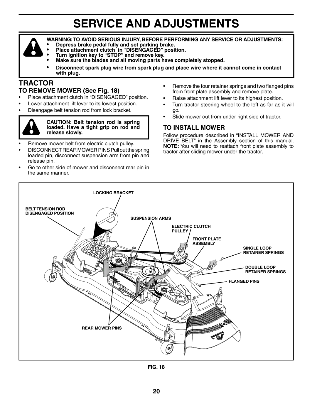 Husqvarna GTH2554XP owner manual Service and Adjustments, To Remove Mower See Fig, To Install Mower 