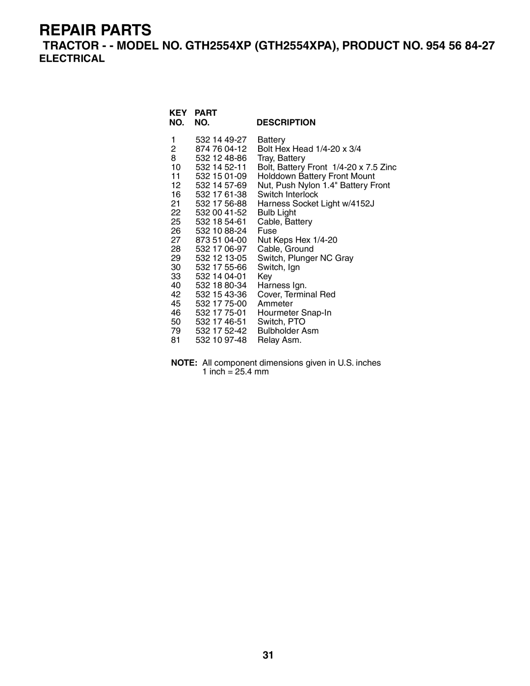 Husqvarna GTH2554XP owner manual KEY Part Description 