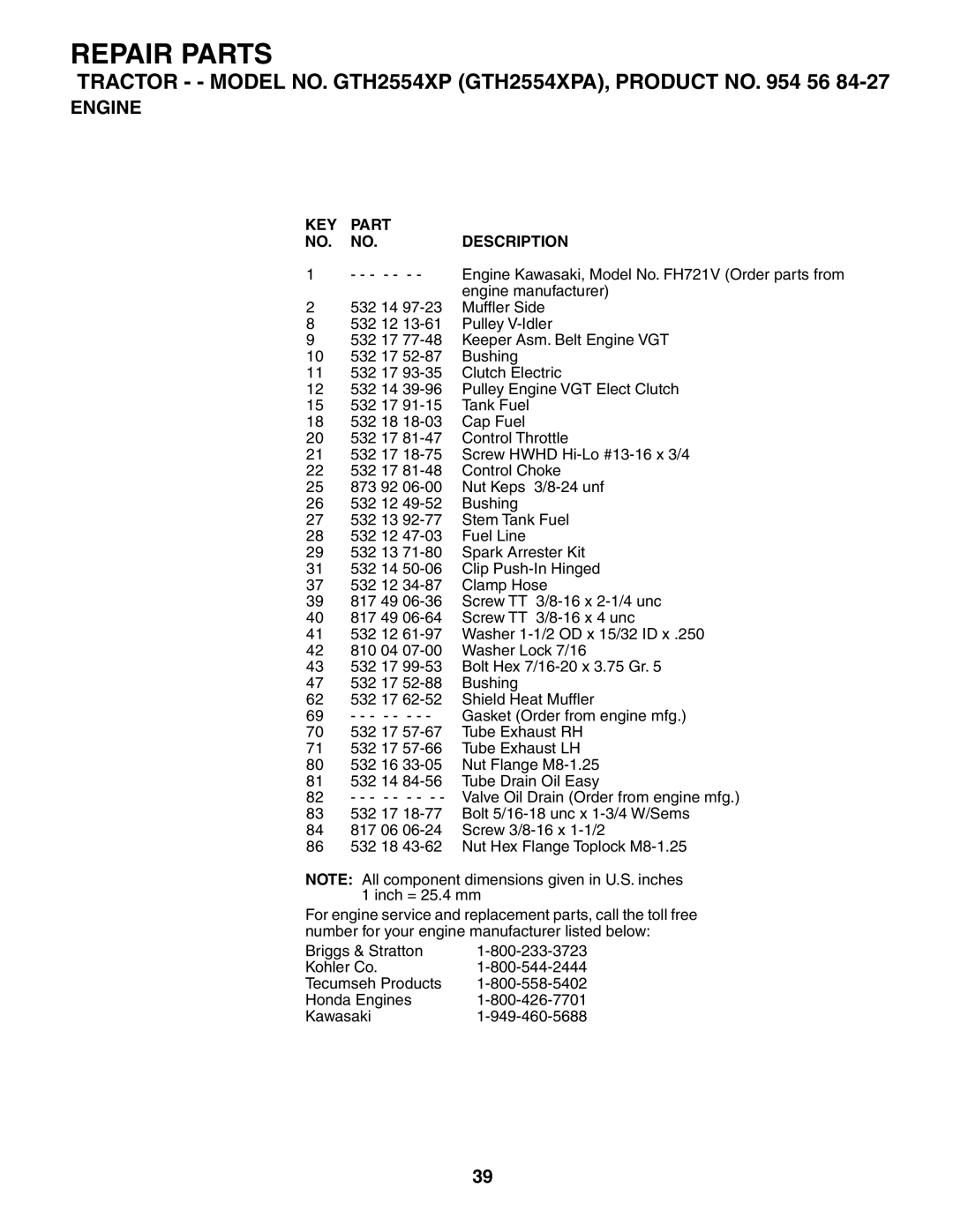 Husqvarna GTH2554XP owner manual Repair Parts 