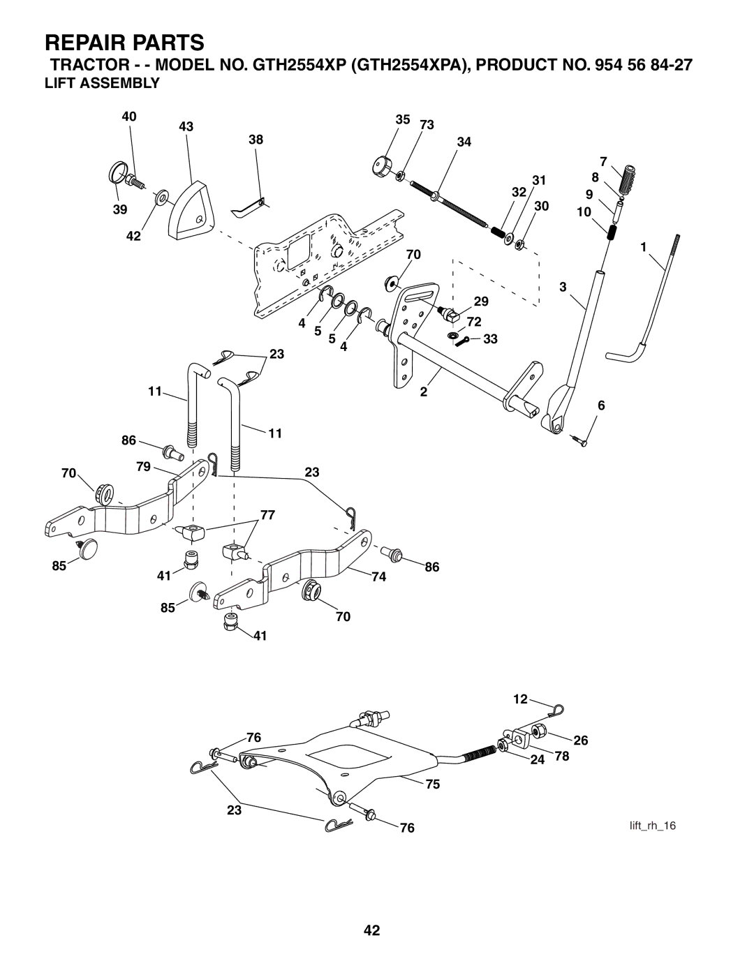 Husqvarna GTH2554XP owner manual Lift Assembly 