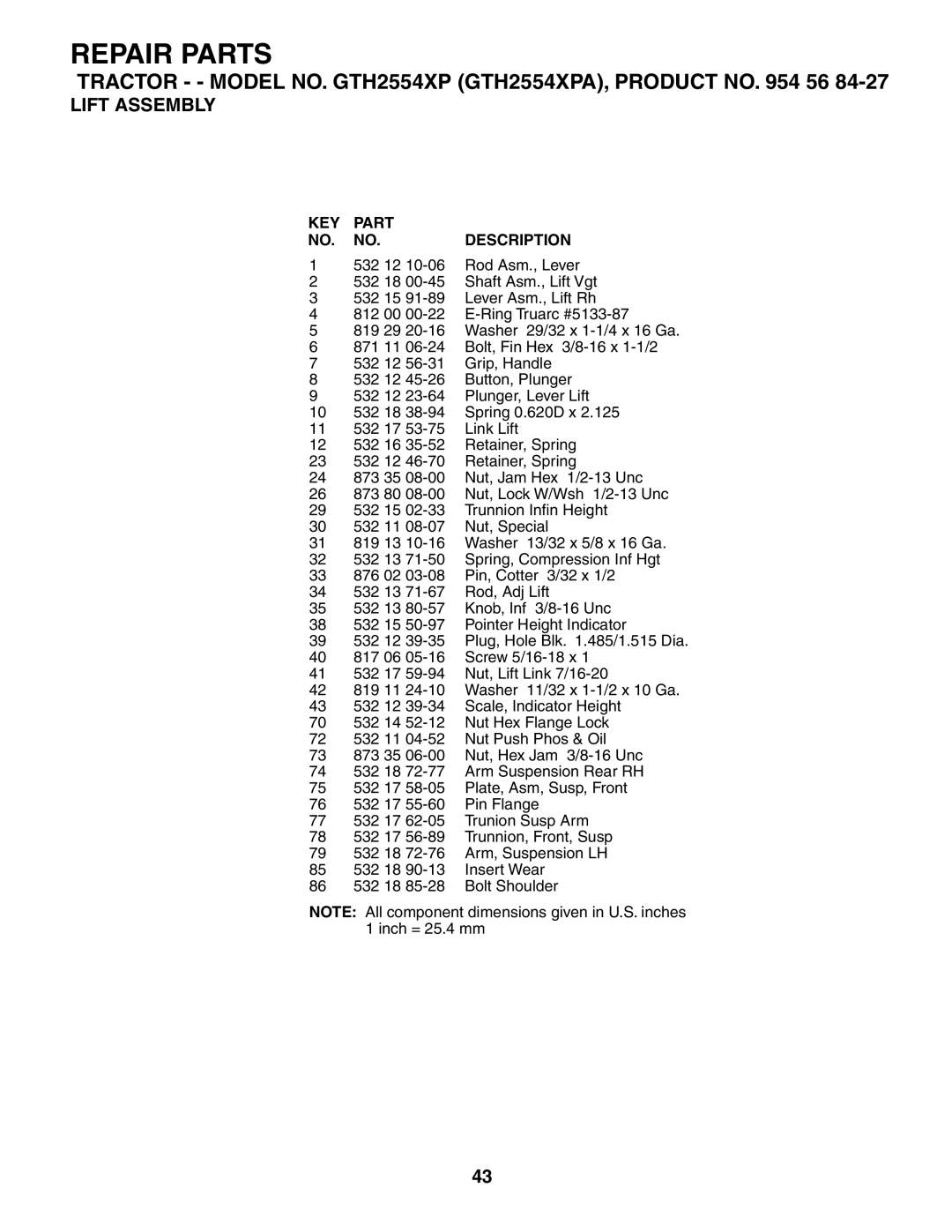 Husqvarna GTH2554XP owner manual Repair Parts 