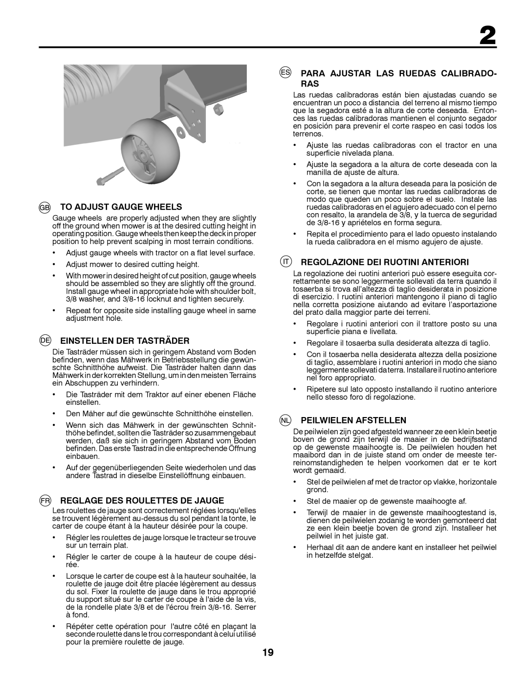 Husqvarna GTH260TWIN instruction manual To Adjust Gauge Wheels, Einstellen DER Tasträder, Reglage DES Roulettes DE Jauge 