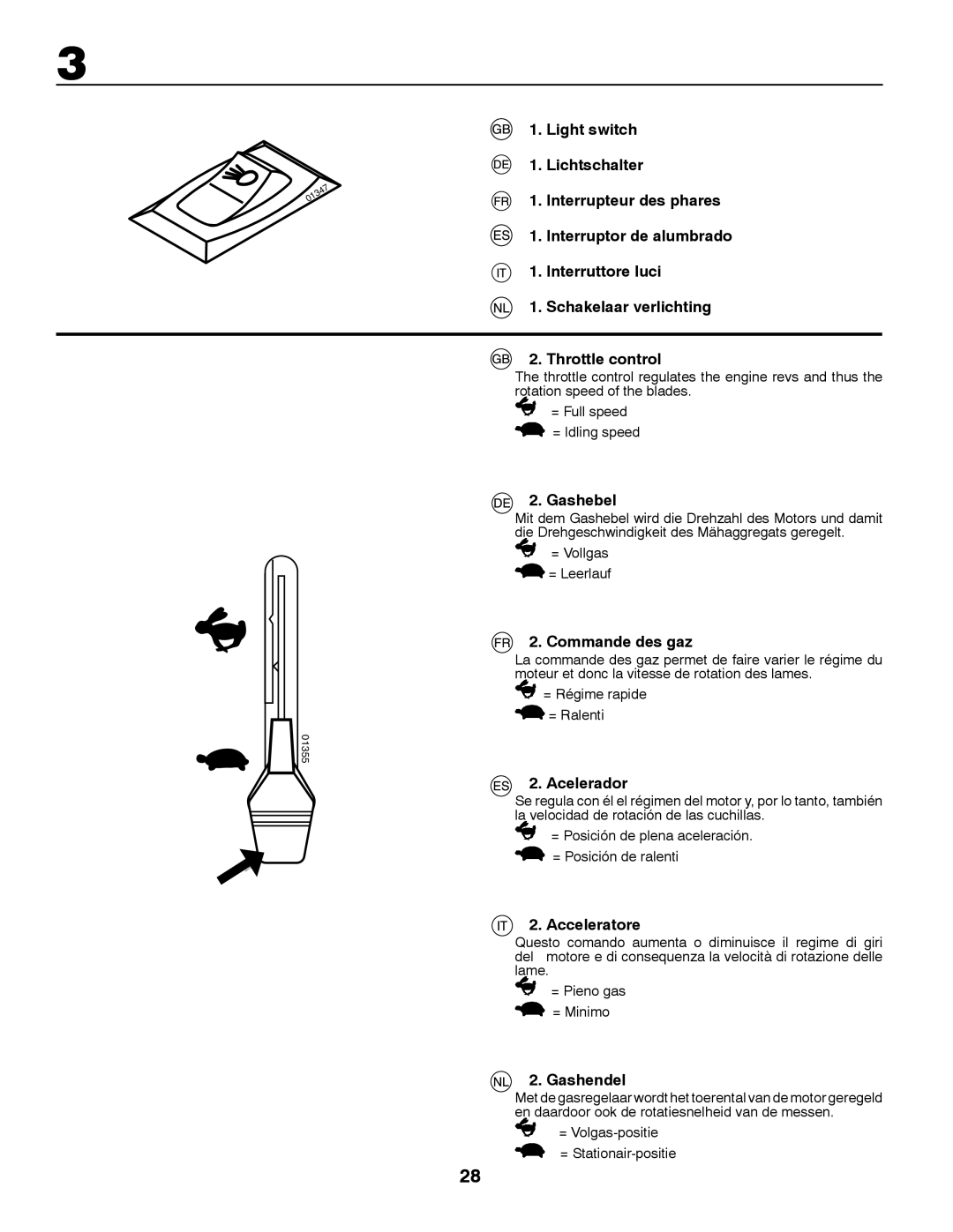 Husqvarna GTH260TWIN instruction manual Gashebel, Commande des gaz, Acelerador, Acceleratore, Gashendel 