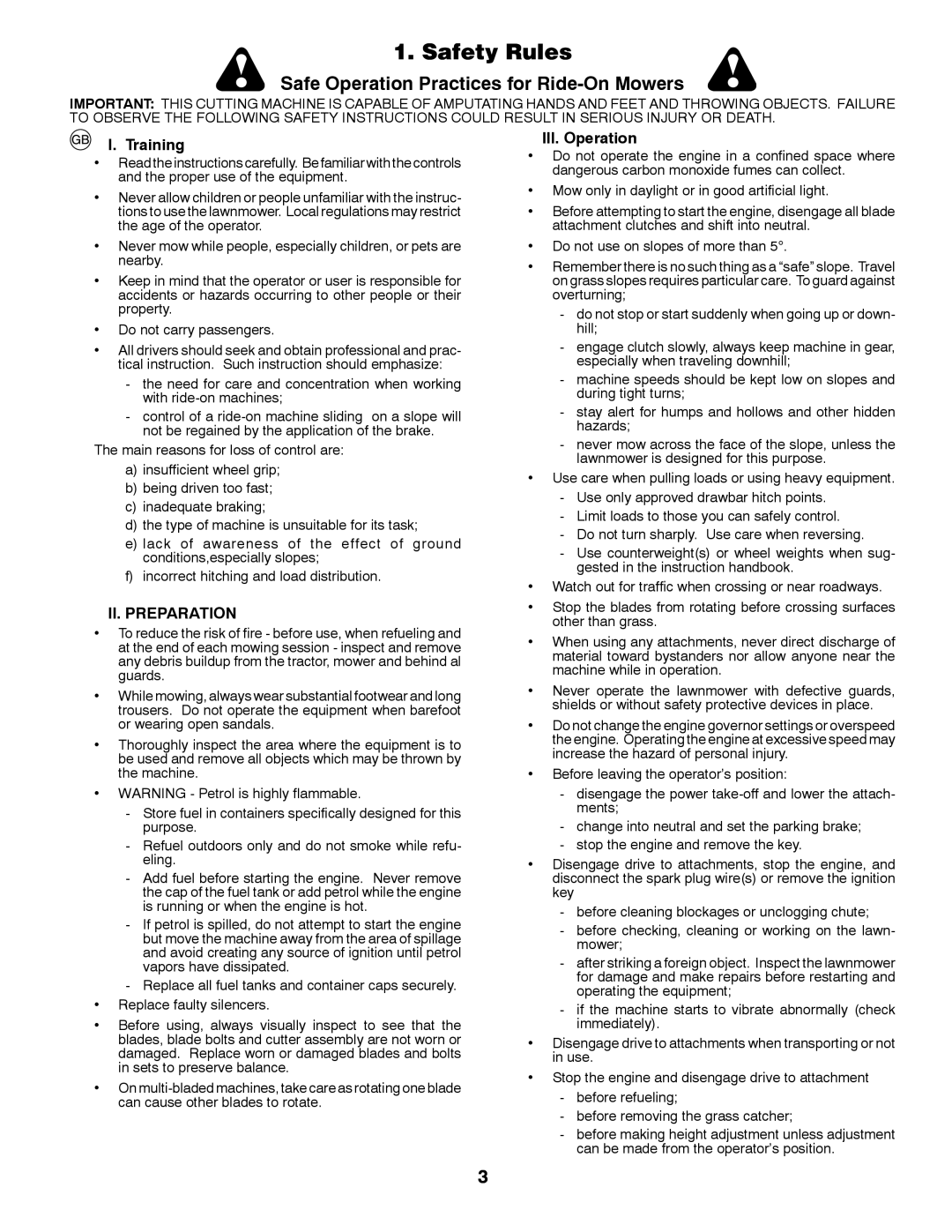 Husqvarna GTH260TWIN instruction manual Safety Rules, Training, II. Preparation, III. Operation 