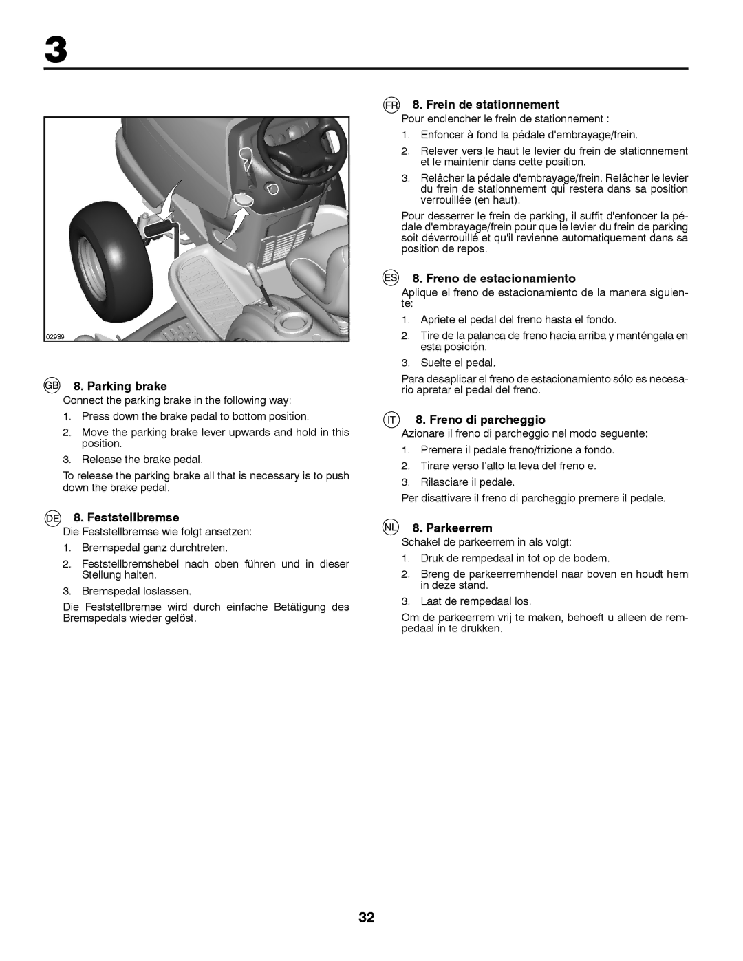 Husqvarna GTH260TWIN Parking brake, Feststellbremse, Frein de stationnement, Freno de estacionamiento, Freno di parcheggio 