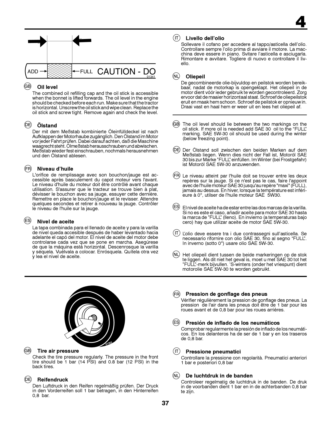 Husqvarna GTH260TWIN Oil level, Ölstand, Niveau d’huile, Nivel de aceite, Livello dell’olio, Oliepeil, Tire air pressure 