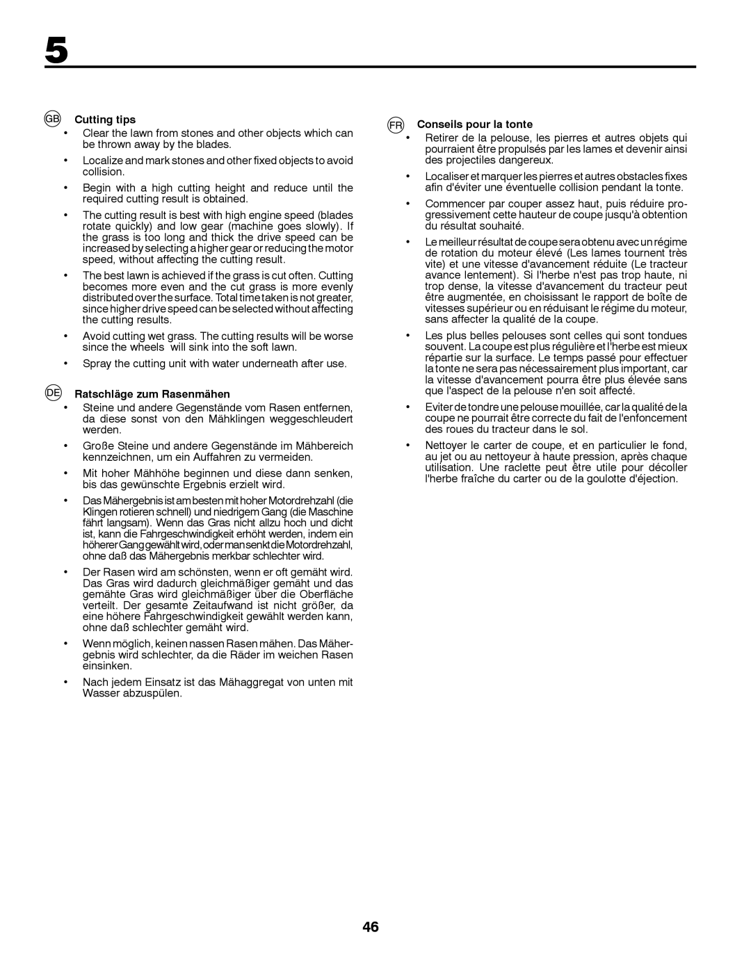 Husqvarna GTH260TWIN instruction manual Cutting tips, Ratschläge zum Rasenmähen, Conseils pour la tonte 