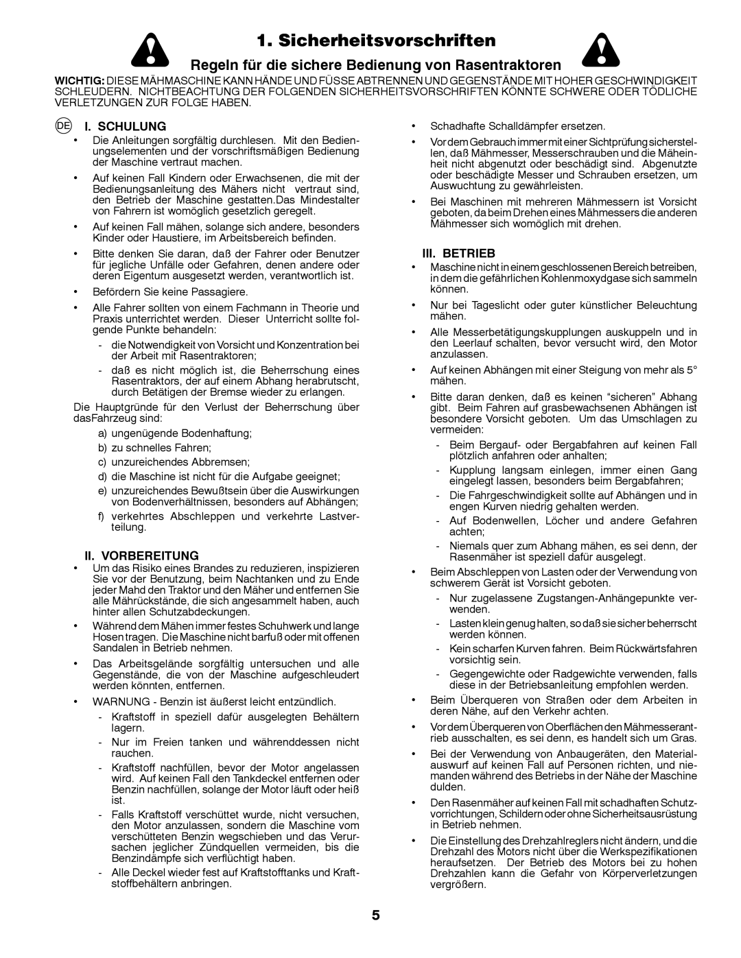 Husqvarna GTH260TWIN instruction manual Sicherheitsvorschriften, Schulung, II. Vorbereitung, III. Betrieb 