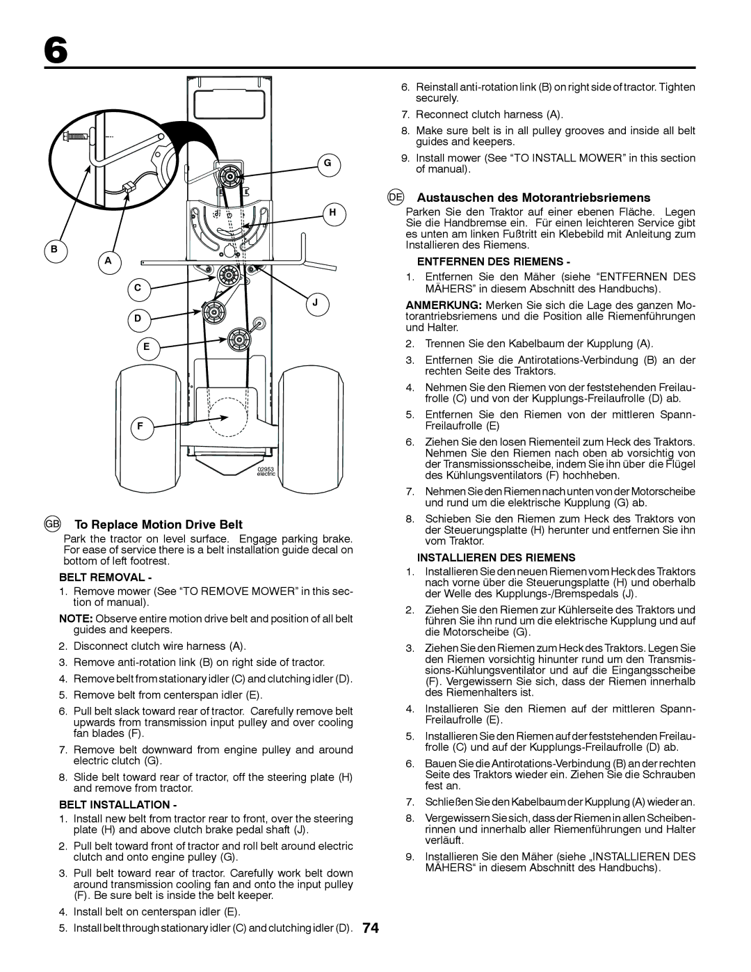 Husqvarna GTH260TWIN instruction manual To Replace Motion Drive Belt, Austauschen des Motorantriebsriemens 