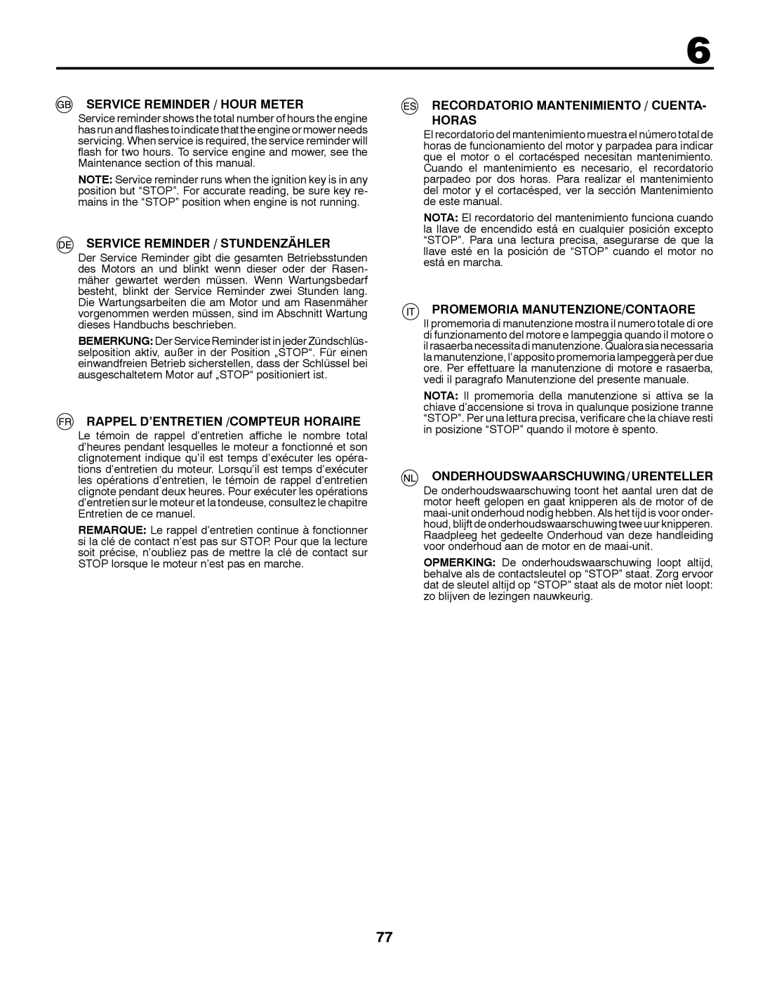 Husqvarna GTH260TWIN Service Reminder / Hour Meter, Service Reminder / Stundenzähler, Rappel D’ENTRETIEN /COMPTEUR Horaire 