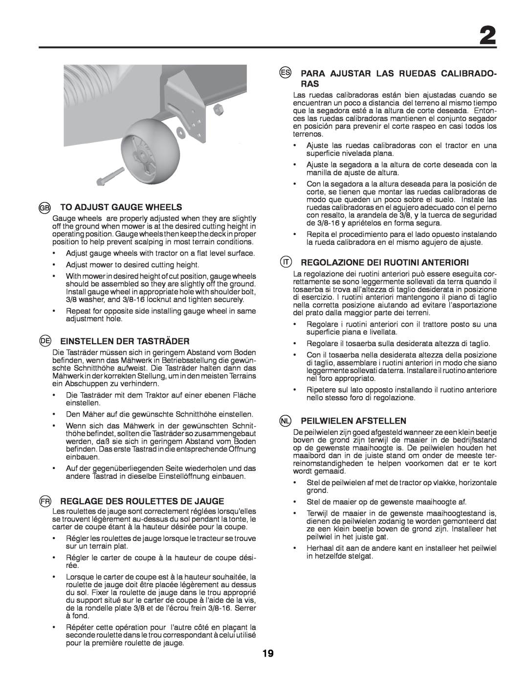 Husqvarna GTH260TWIN instruction manual To Adjust Gauge Wheels, Einstellen Der Tasträder, Reglage Des Roulettes De Jauge 