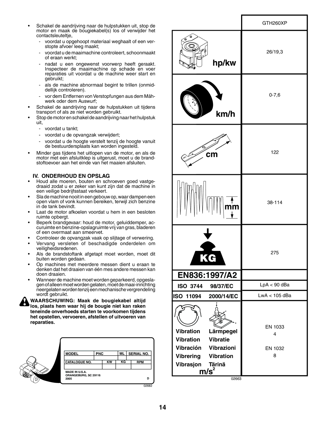 Husqvarna GTH260XP instruction manual IV. Onderhoud EN Opslag, 26/19,3 122 38-114 275 LpA 90 dBa LwA 105 dBa 