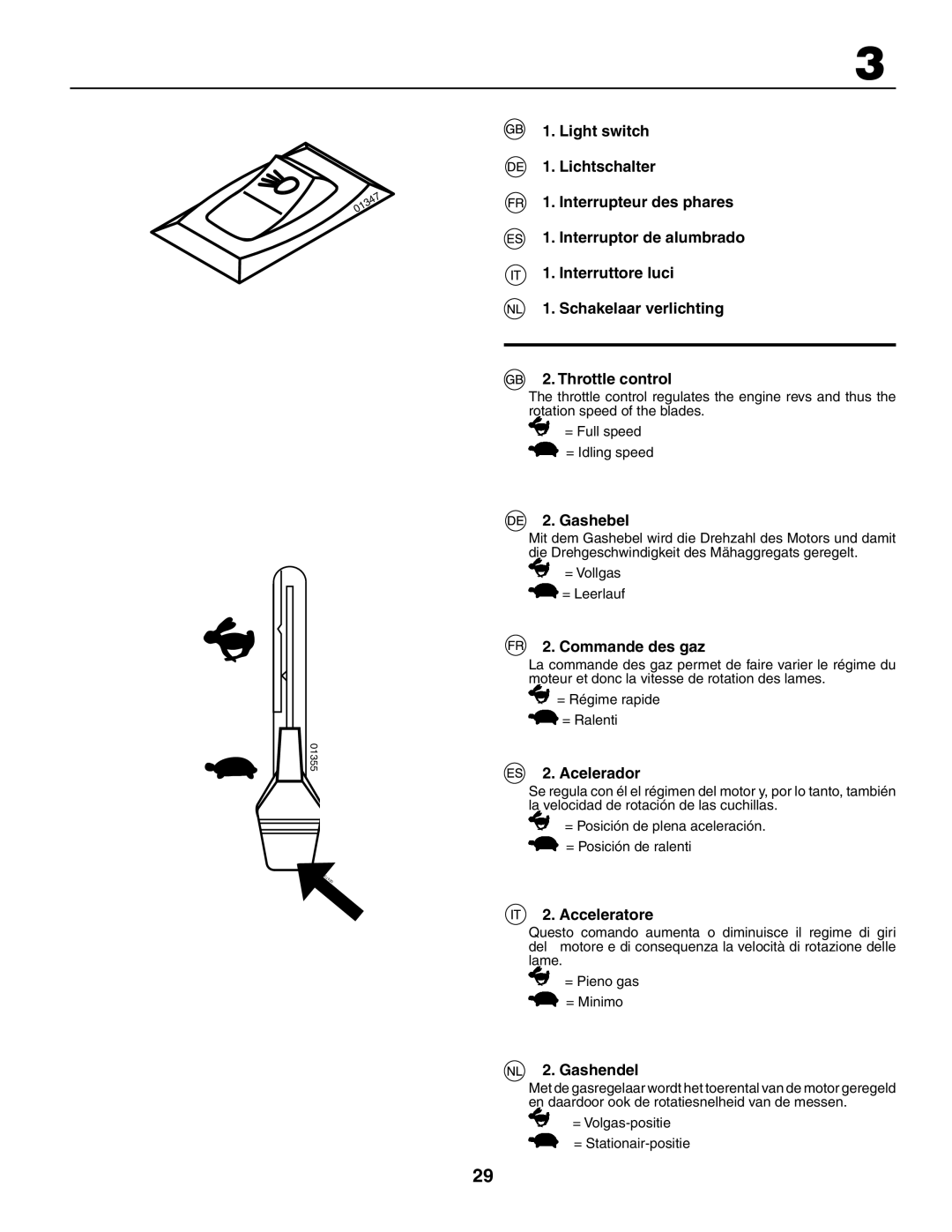 Husqvarna GTH260XP instruction manual Gashebel, Commande des gaz, Acelerador, Acceleratore, Gashendel 