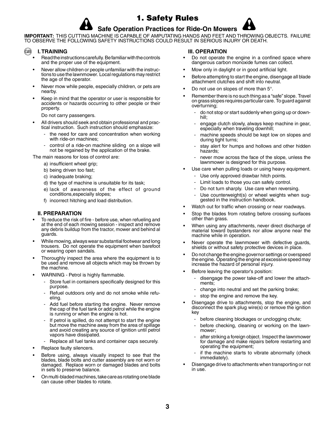 Husqvarna GTH260XP instruction manual Safety Rules, Training, II. Preparation, III. Operation 