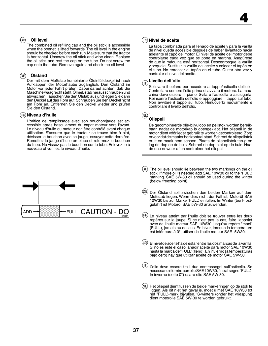 Husqvarna GTH260XP instruction manual Oil level, Ölstand, Niveau d’huile, Nivel de aceite, Livello dell’olio, Oliepeil 