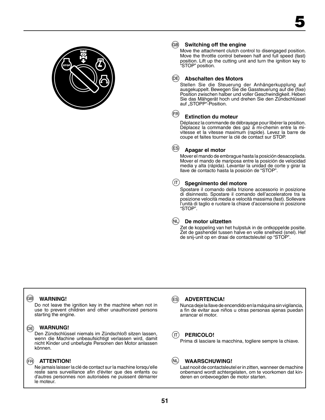 Husqvarna GTH260XP Switching off the engine, Abschalten des Motors, Extinction du moteur, Apagar el motor 