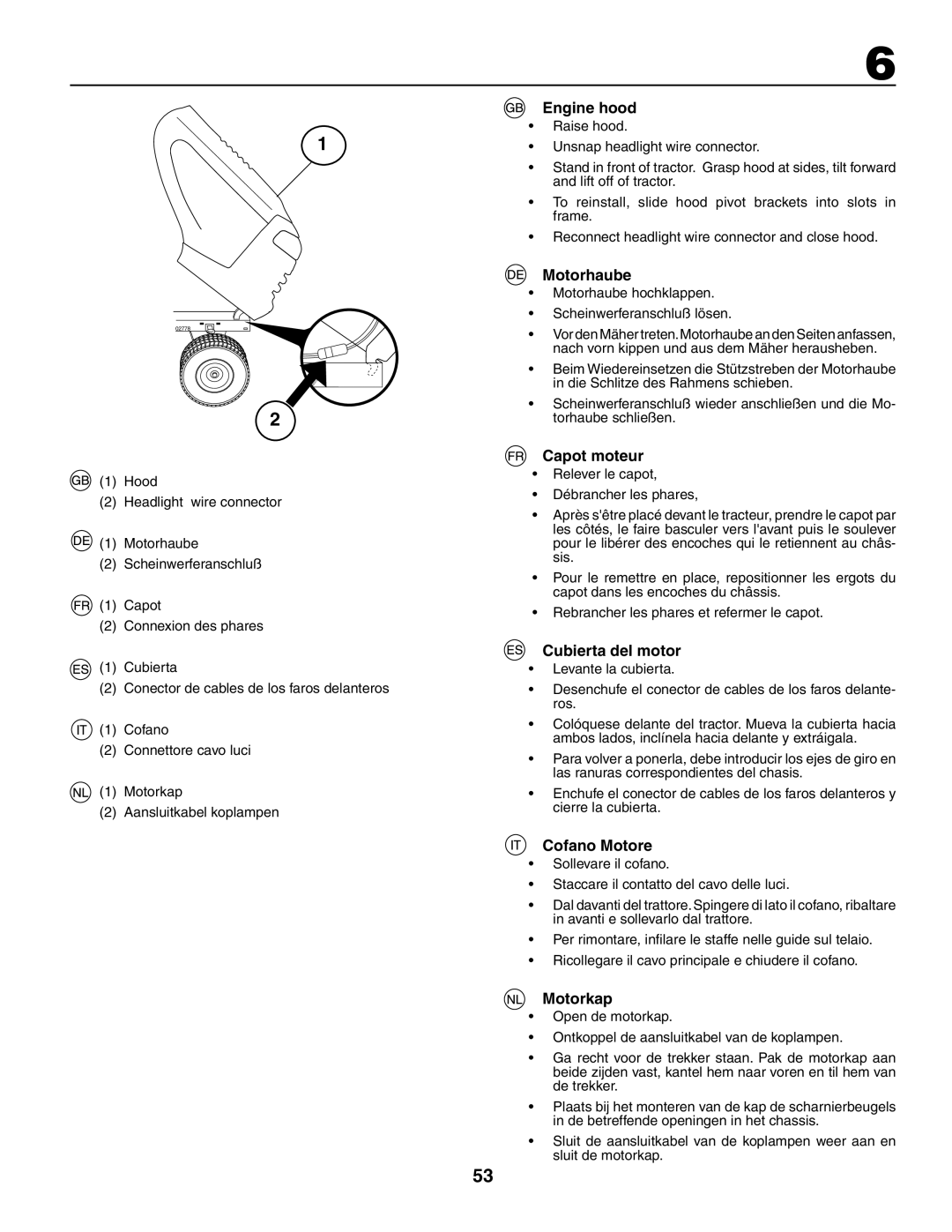 Husqvarna GTH260XP instruction manual Engine hood, Motorhaube, Capot moteur, Cubierta del motor, Cofano Motore, Motorkap 