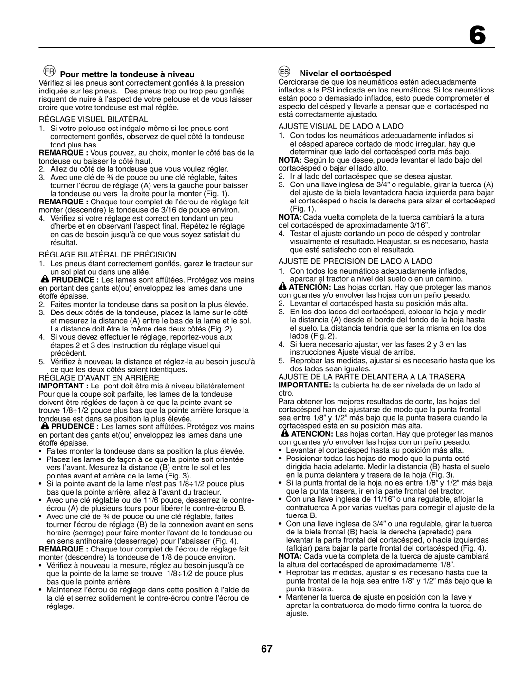 Husqvarna GTH260XP instruction manual Pour mettre la tondeuse à niveau, Nivelar el cortacésped 