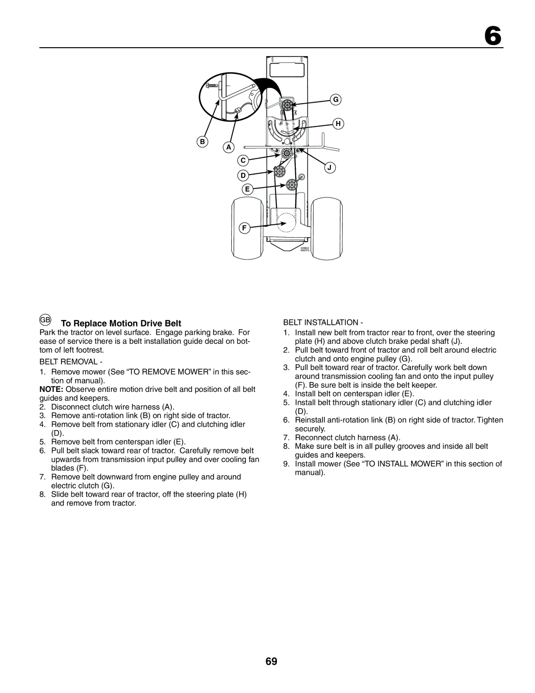 Husqvarna GTH260XP instruction manual To Replace Motion Drive Belt, Belt Removal, Belt Installation 