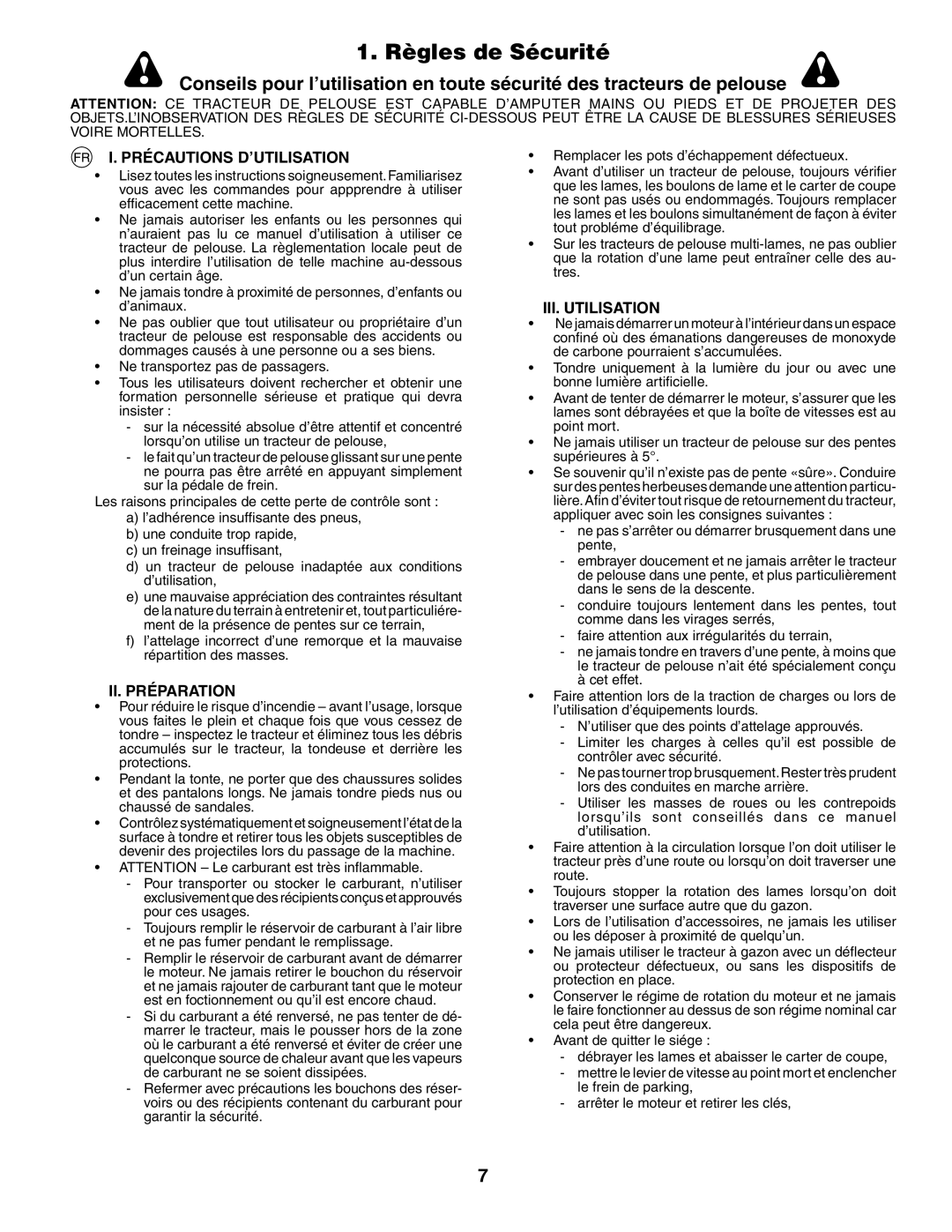 Husqvarna GTH260XP instruction manual Règles de Sécurité, Précautions D’UTILISATION, II. Préparation, III. Utilisation 