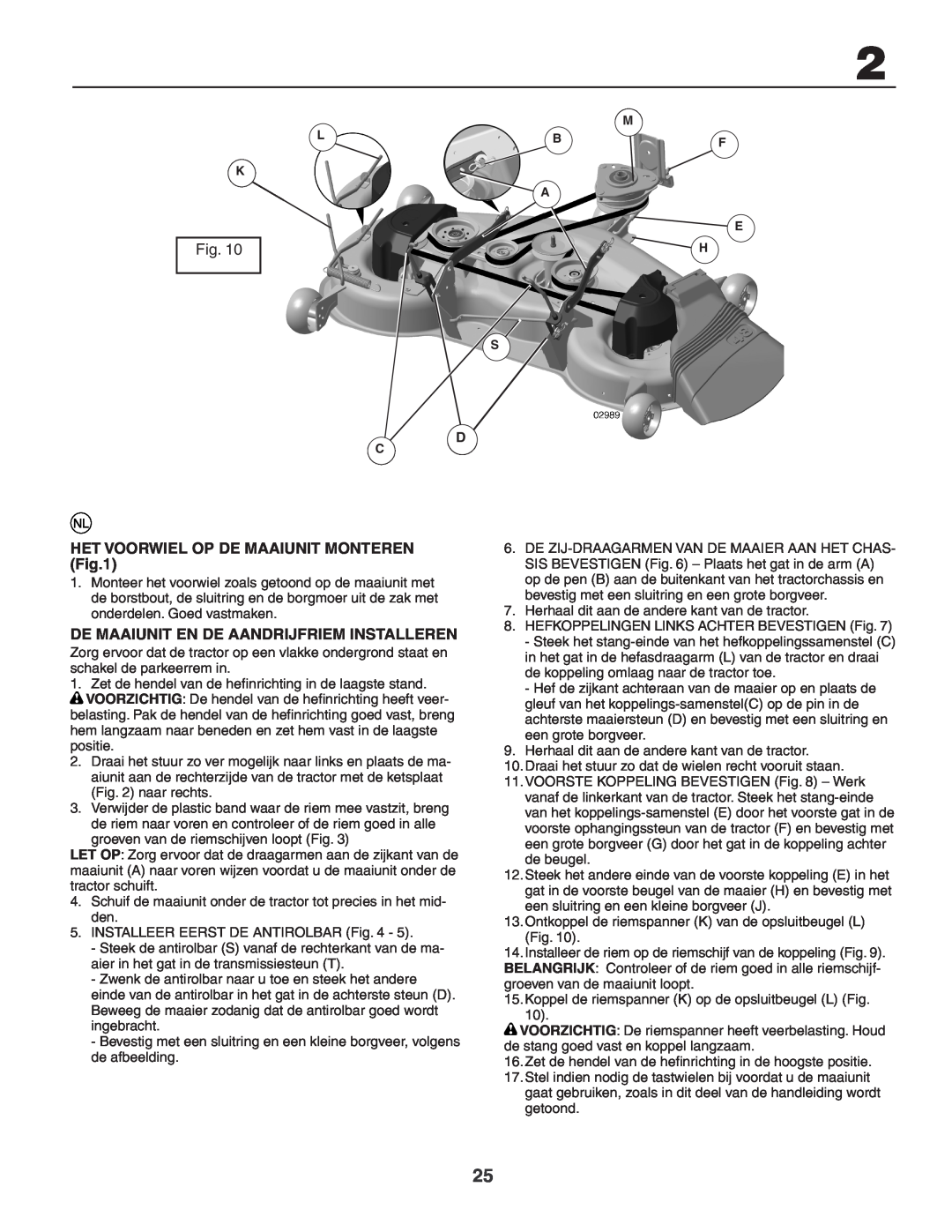 Husqvarna GTH260XP instruction manual Het Voorwiel Op De Maaiunit Monteren, De Maaiunit En De Aandrijfriem Installeren 