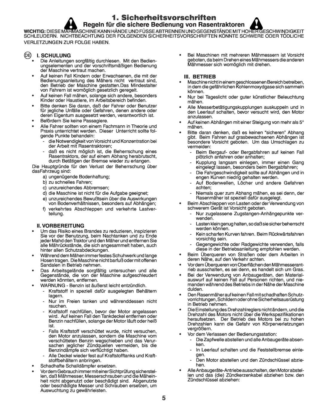 Husqvarna GTH260XP Sicherheitsvorschriften, Regeln für die sichere Bedienung von Rasentraktoren, I. Schulung, Iii. Betrieb 