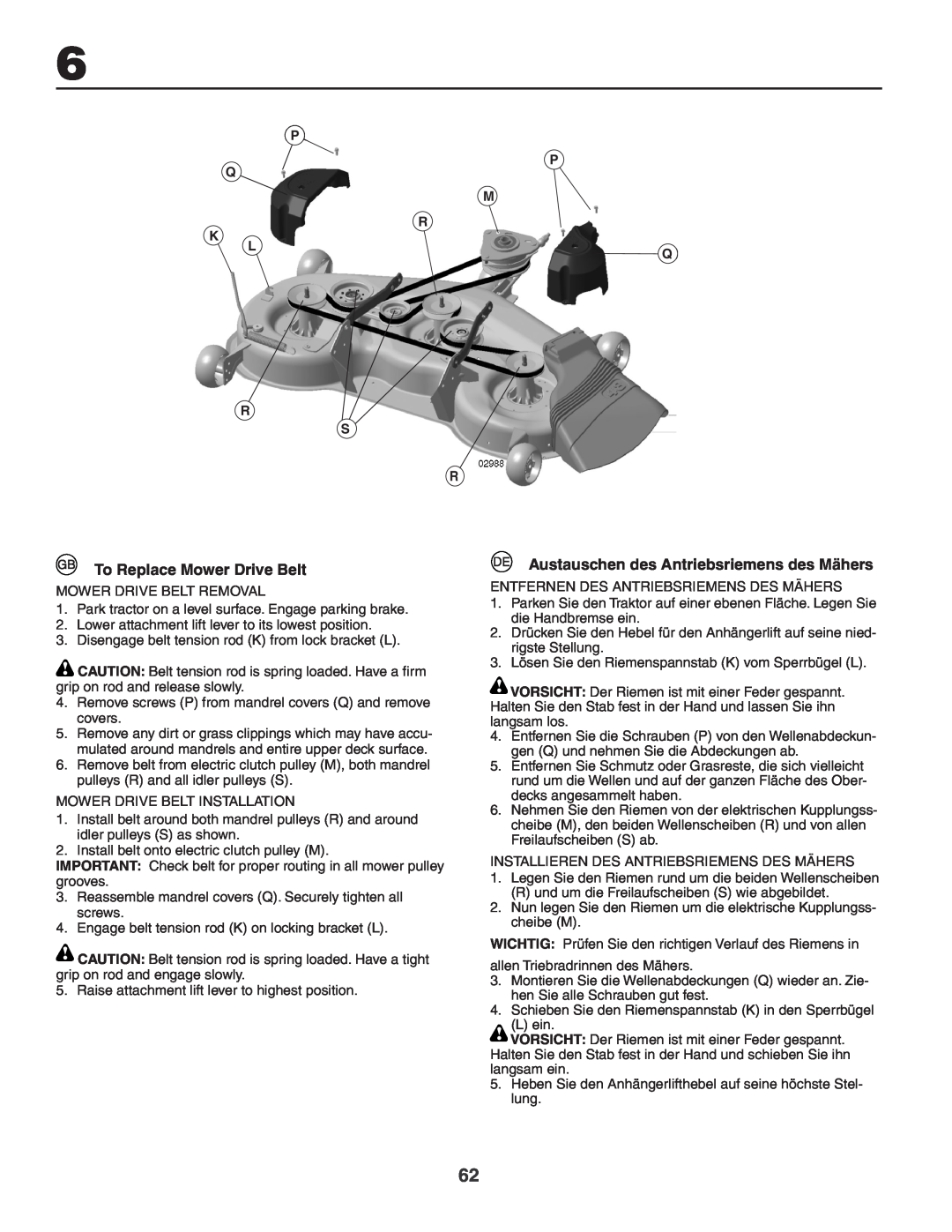 Husqvarna GTH260XP instruction manual To Replace Mower Drive Belt, Austauschen des Antriebsriemens des Mähers 