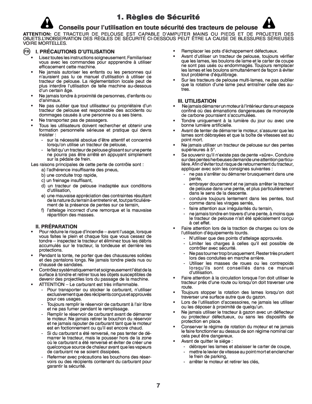 Husqvarna GTH260XP 1. Règles de Sécurité, I. Précautions D’Utilisation, Ii. Préparation, Iii. Utilisation 